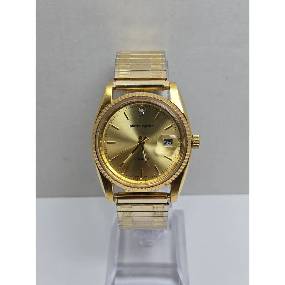 Vintage Pierre Cardin Mens Gold Tone Quartz Date Fluted Bezel Watch New Battery
